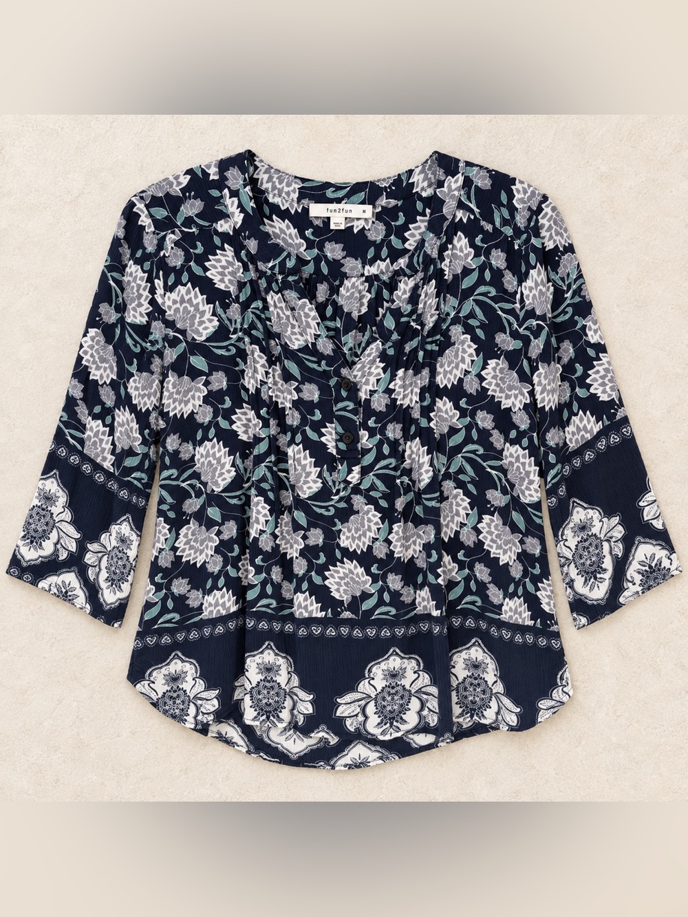 fun 2 fun Navy Floral Pleated V-Detail Blouse